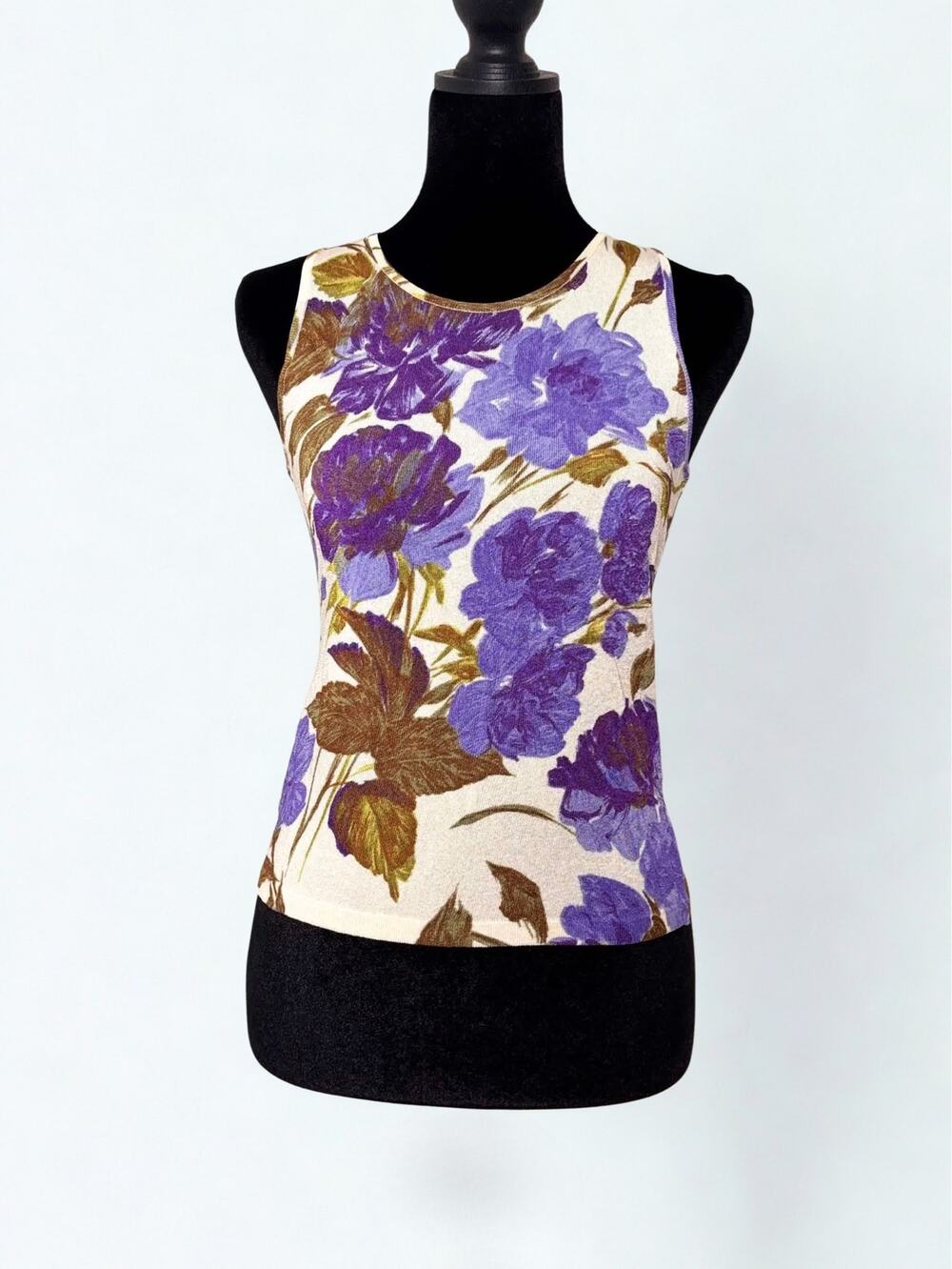Y2K Blumarine Cream Purple Floral Print Sleeveless High Neck Top Size S